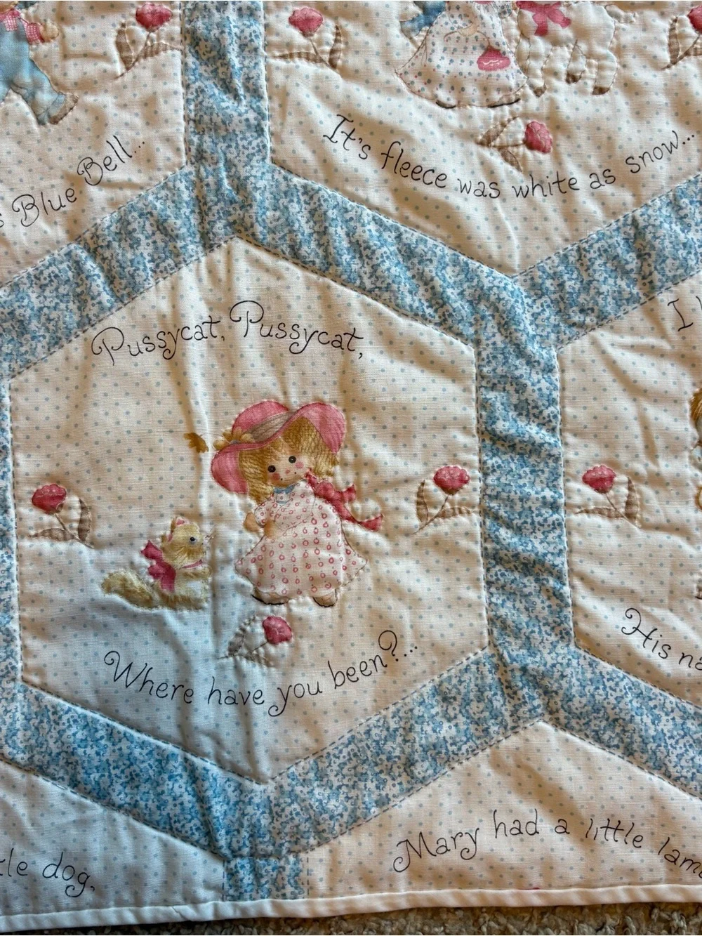 Vintage Nursery Rhyme Handmade White Light Blue Hexagon Patchwork Baby Quilt